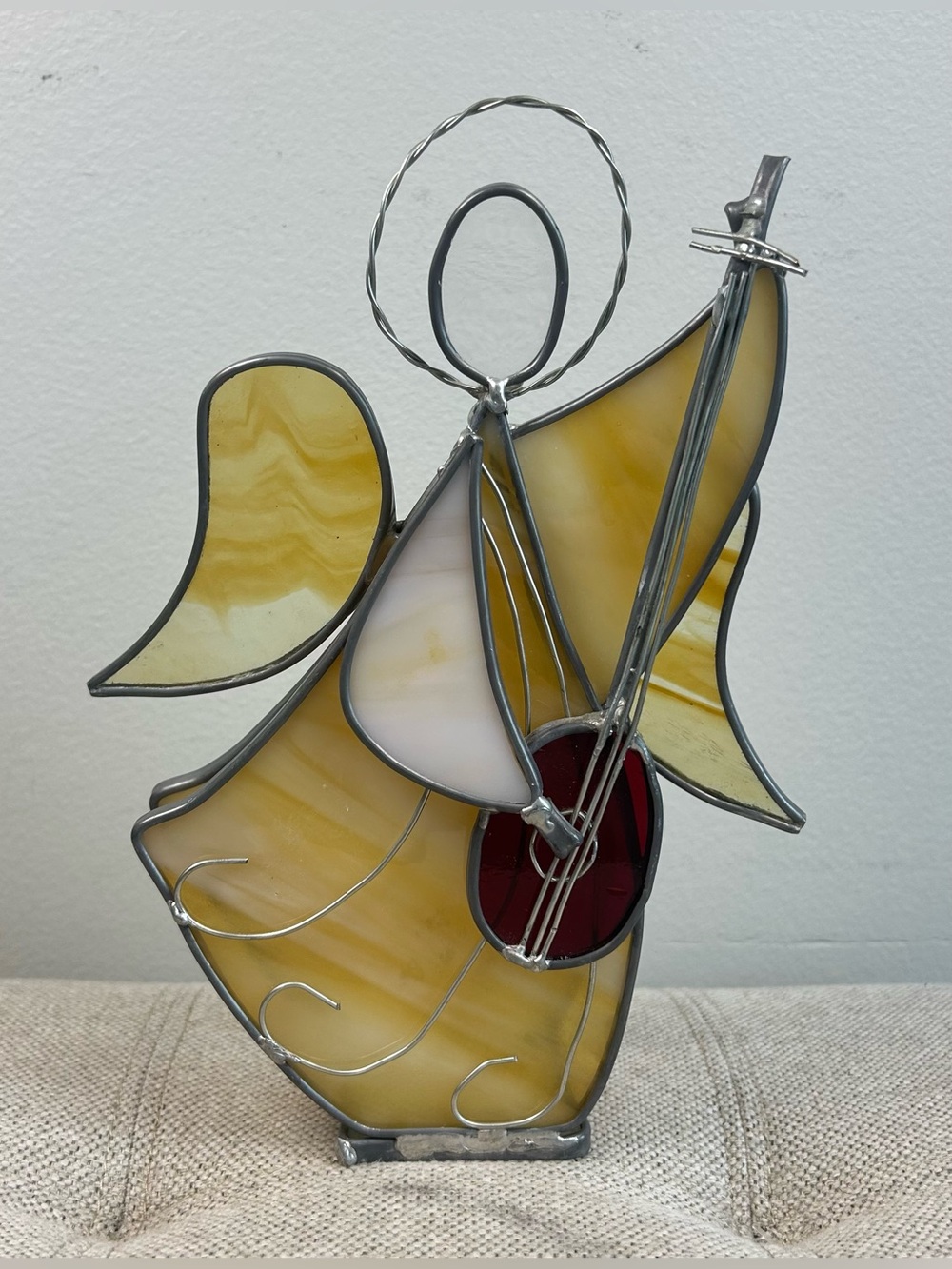 Stained Glass Art Angel Playing Instrument 3D Welded Multicolor Beautiful 9”